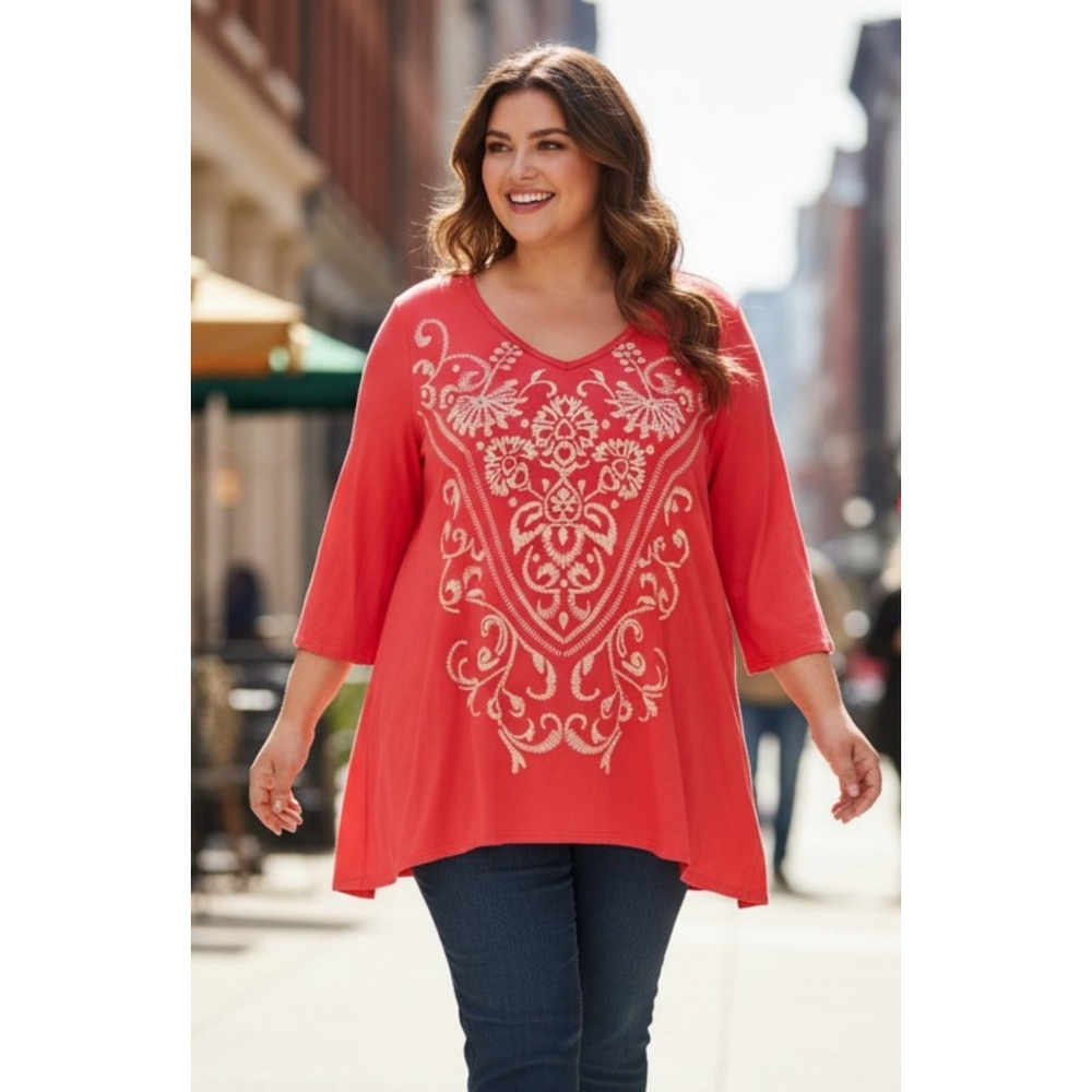 Steven Edwards V-neck Embroidered Tunic top Red Size 2X
